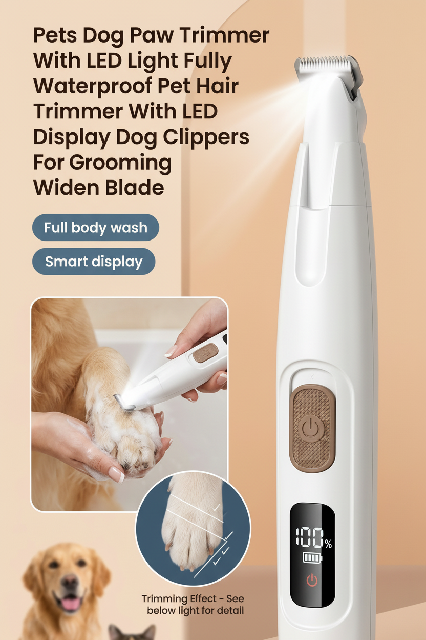 Pet grooming tool with LED light and display on a beige background